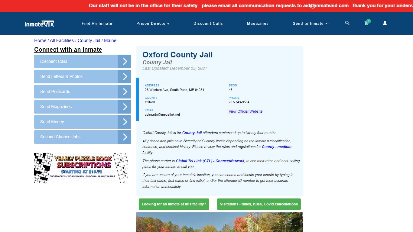 Oxford County Jail - Inmate Locator - South Paris, ME