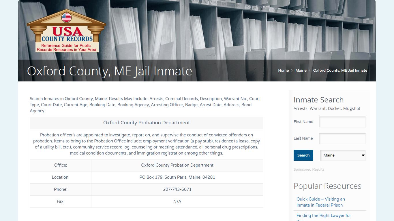 Oxford County, ME Jail Inmate | Name Search